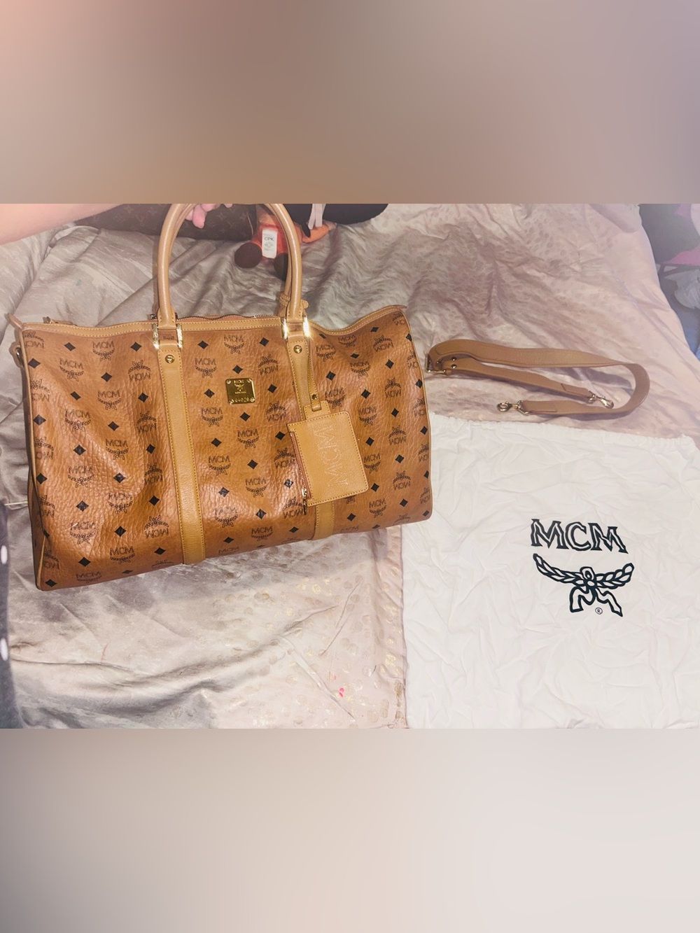 MCM Cognac Visetos Satchel with Gold Plaque